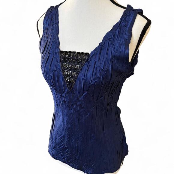 y2k‎ vtg. Midnight Blue Beaded Crinkle Top Blouse kOMAROVsize Medium - Picture 3 of 8